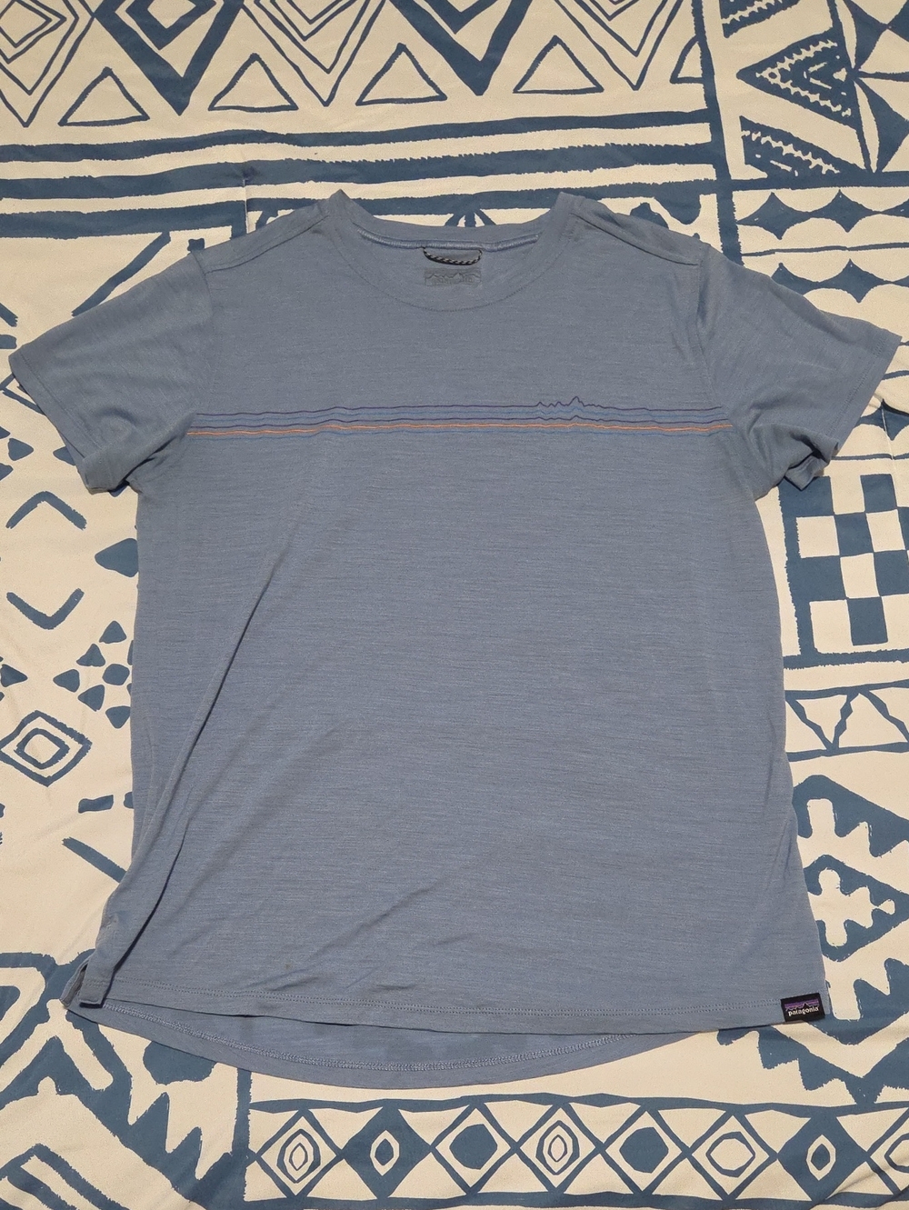 Patagonia Light Blue Women’s Short-Sleeve Tee with Thin Chest Stripe